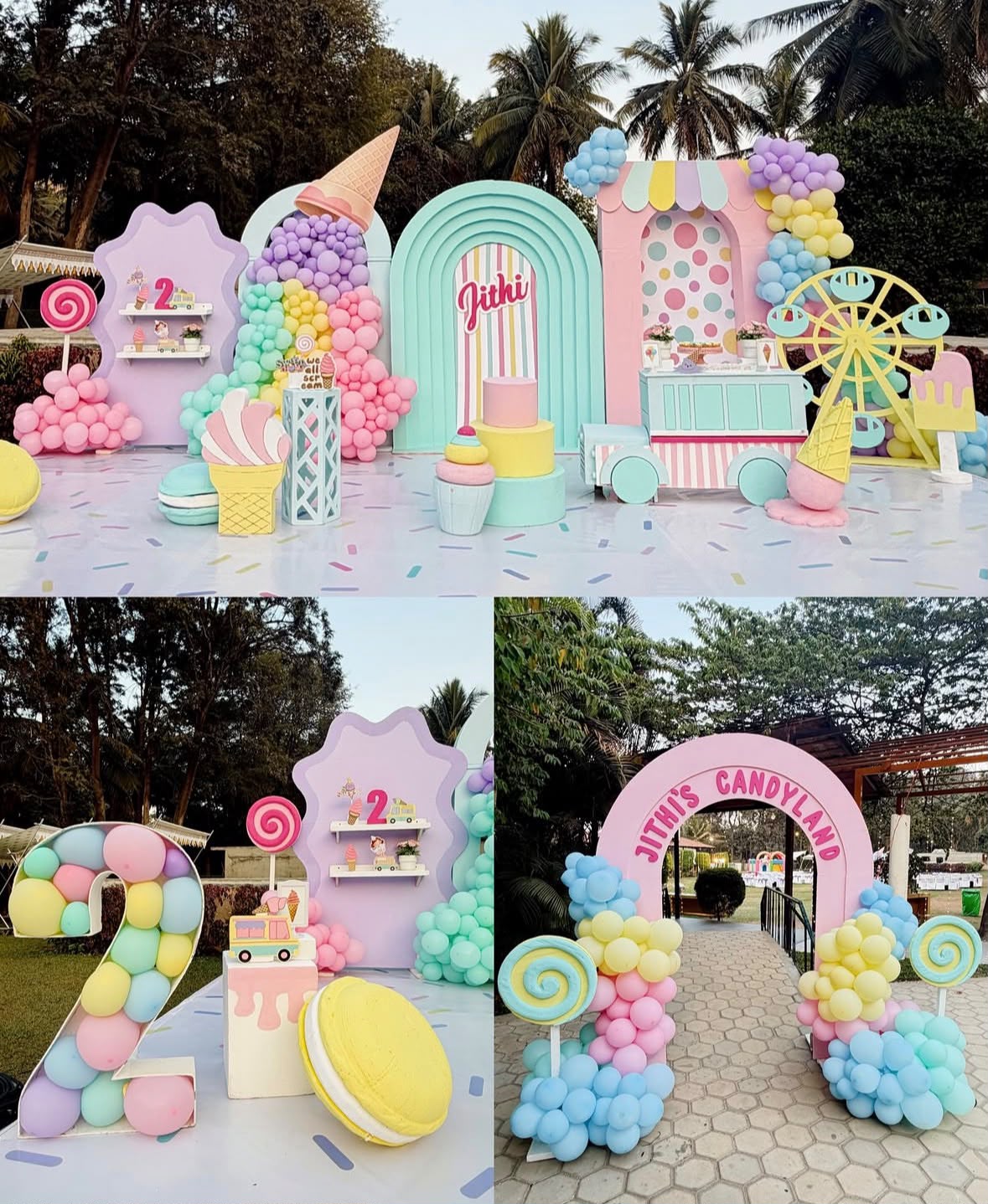 Whimsical hot air balloon and golden stars birthday stage with cloud balloon clusters