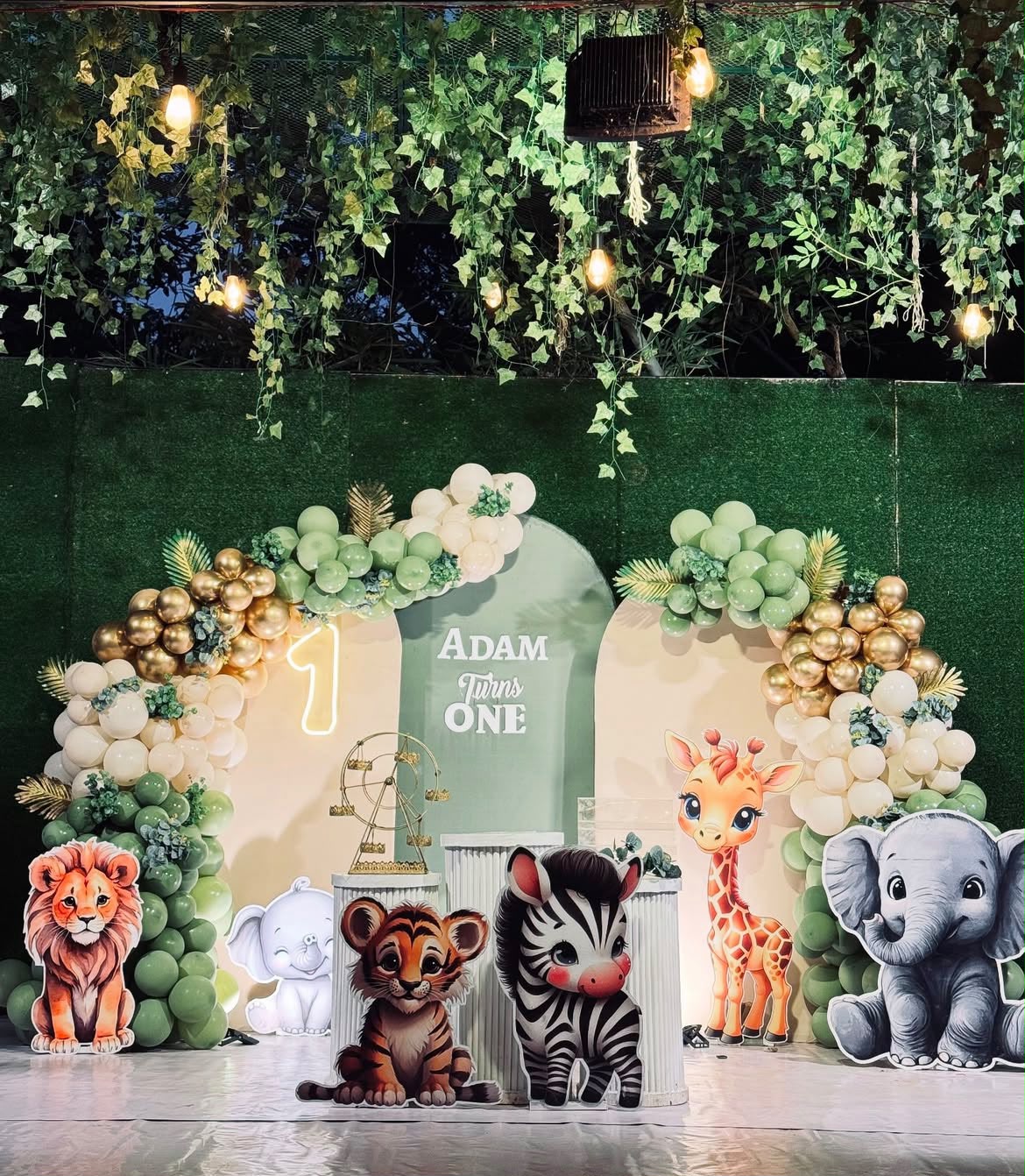 Baby animal jungle safari birthday adventure backdrop with lion, zebra and elephant cutouts