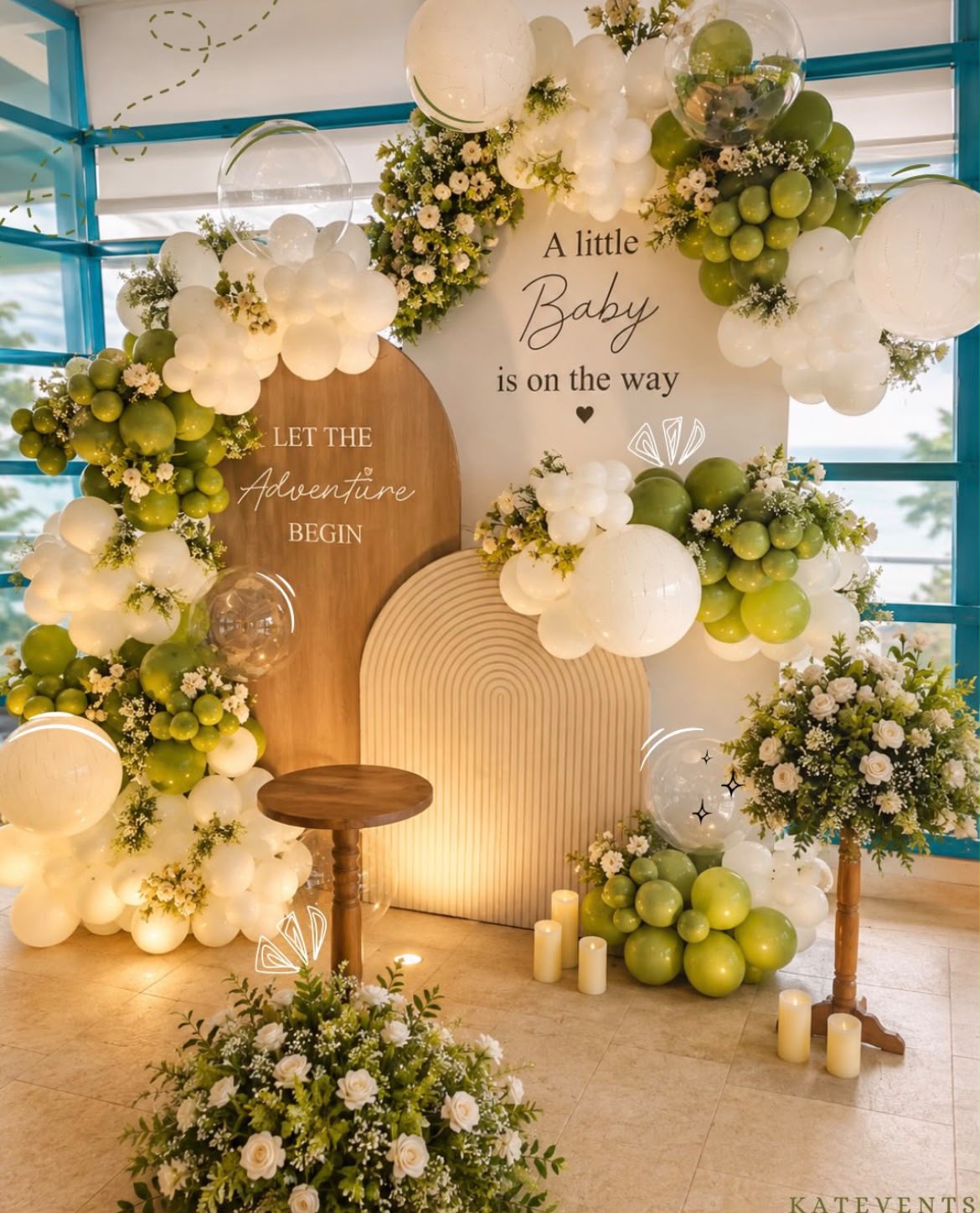 A little baby is on the way gender neutral baby shower & first birthday arch with balloons