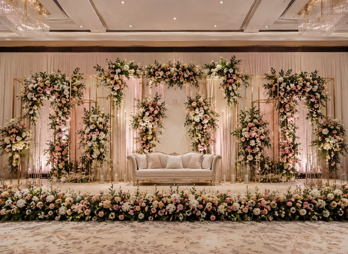 Cascading floral wall and stage backdrop tailored for Telugu engagement rituals