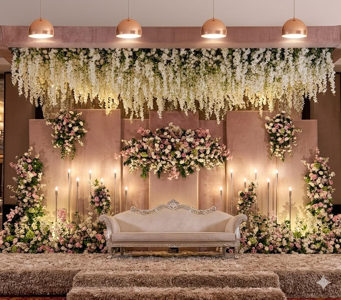 Handcrafted engagement stage backdrop with intricate floral textures and golden illumination