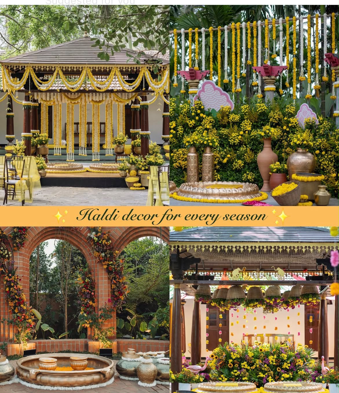 Vibrant outdoor garden haldi setup with wicker lounge seating and sunflowers