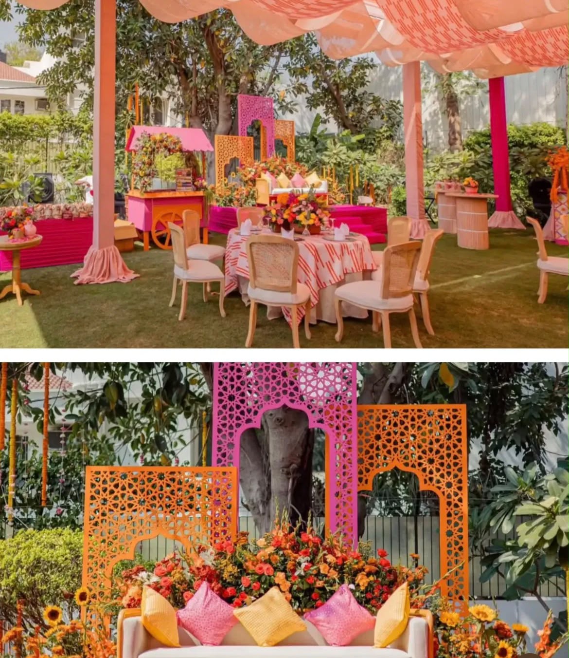 Artisanal yellow and orange floral backdrop for mangala snanam ceremonies