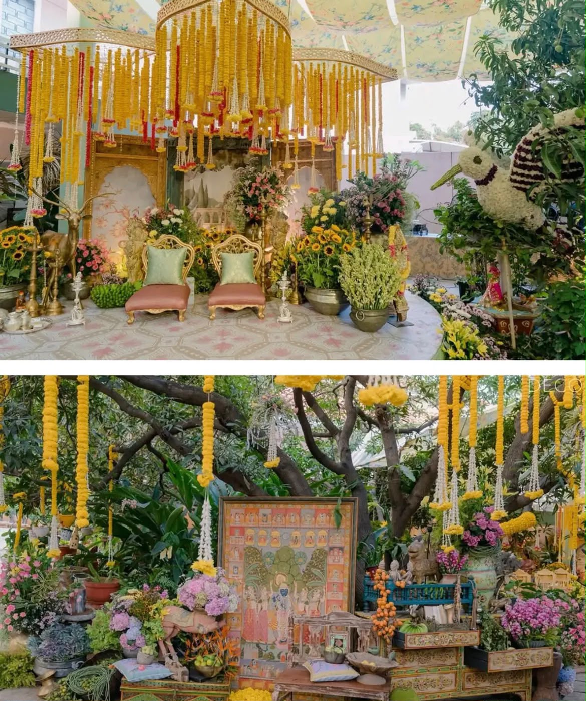 Festive haldi photo backdrop with multi-colored entryway arches and floral rings