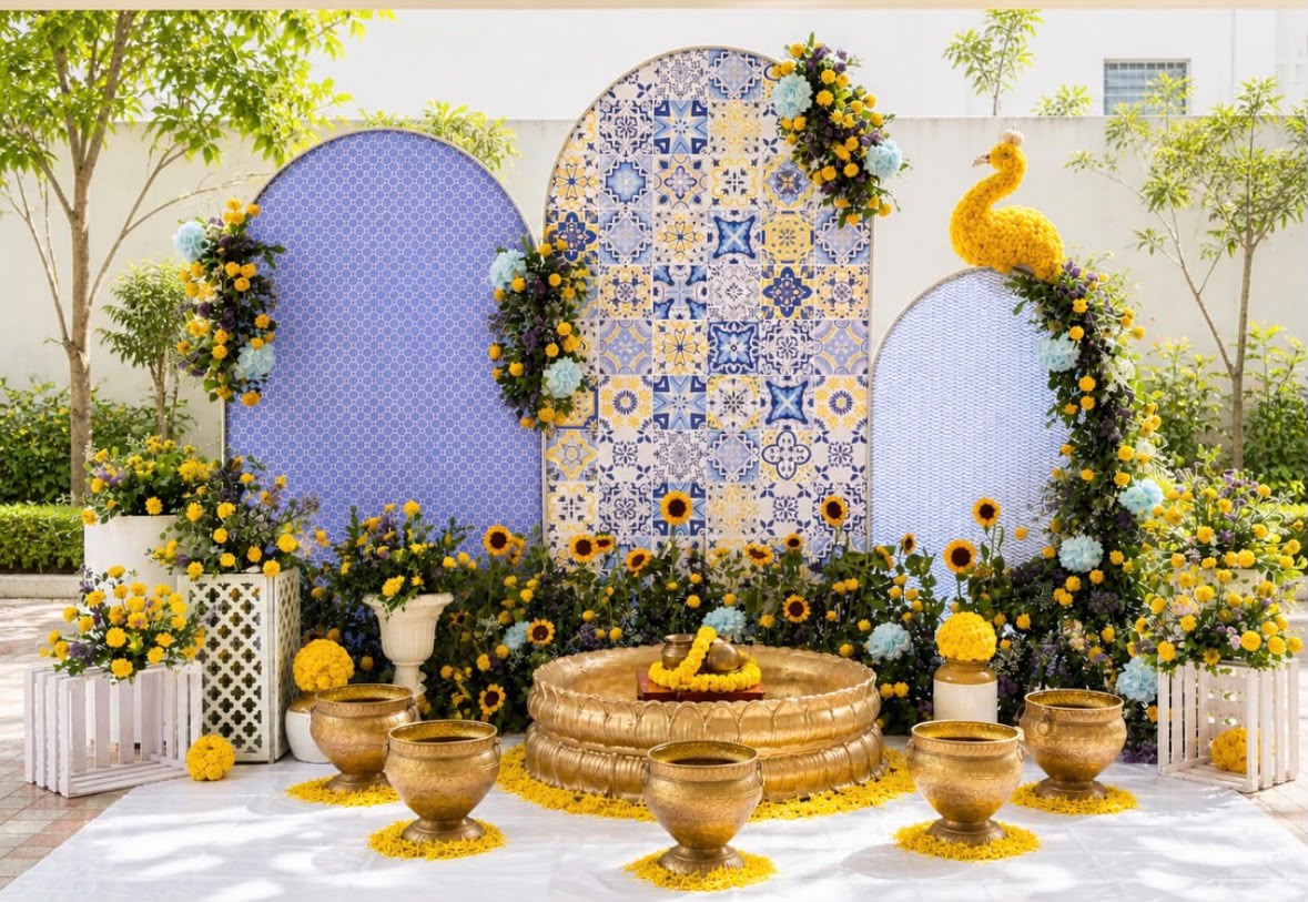 Intimate family haldi celebration corner with festive brass urlis and fresh petals