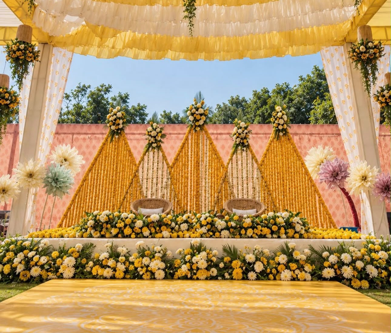 Bright and cheerful haldi stage design with custom fabric canopies by The Utsav House
