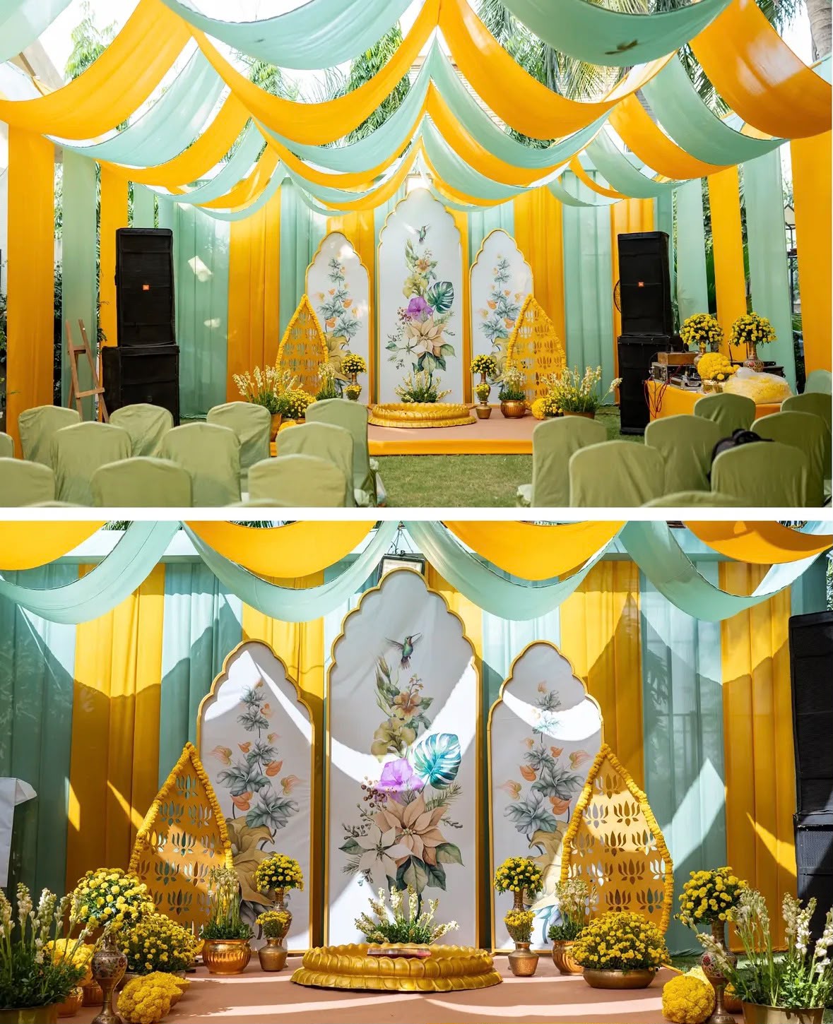 Heritage haldi celebration decor with brass lamps and fragrant jasmine strands
