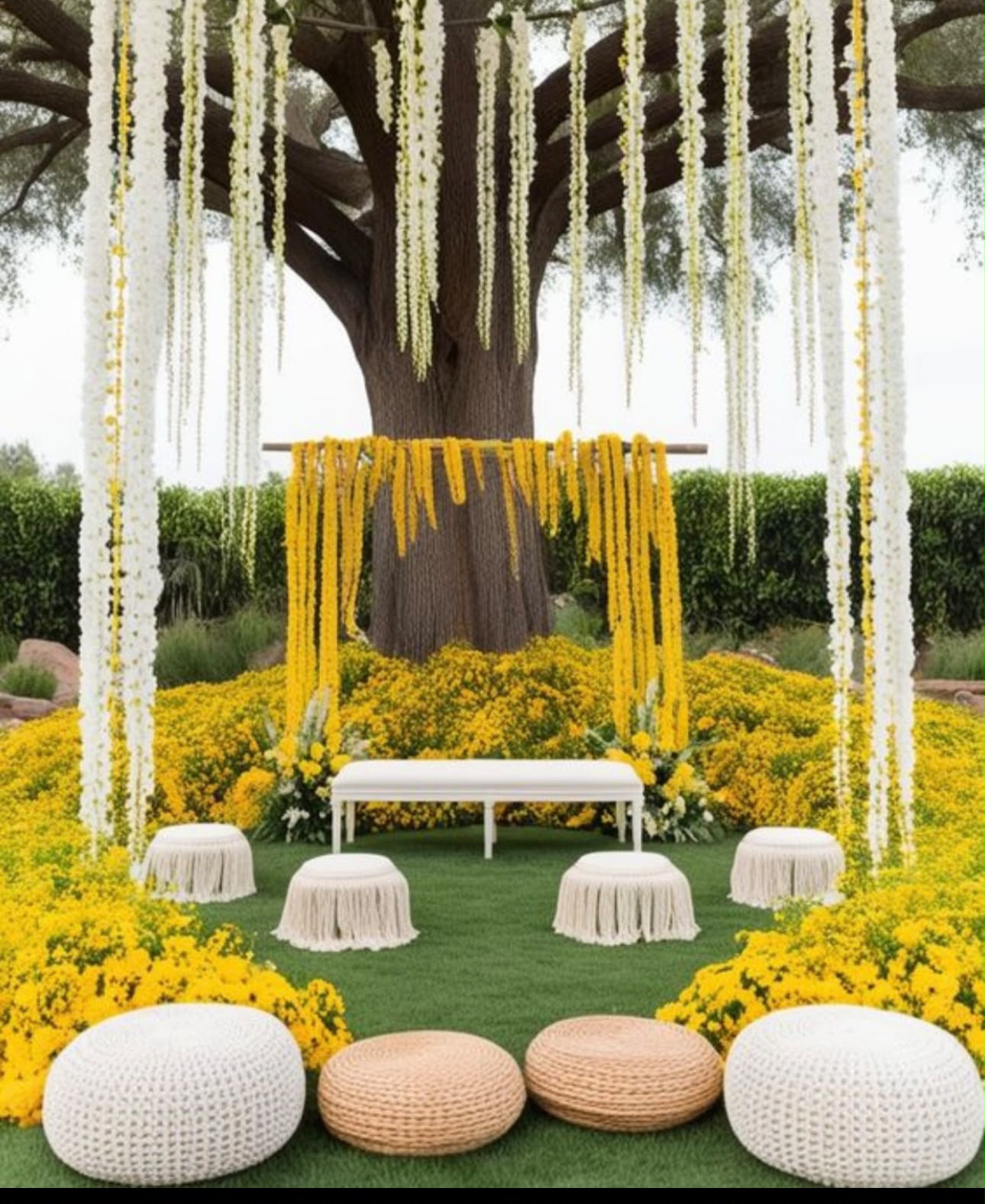 Creative contemporary haldi backdrop with geometric archways and exotic floristry