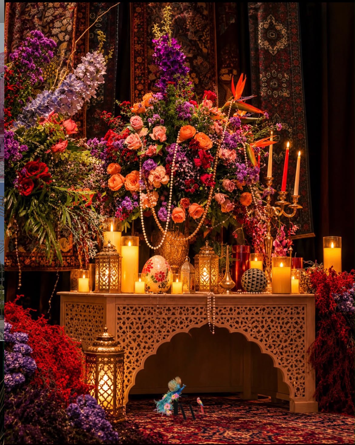 Home sweet home celebration corner with wooden plinths and fresh flower vases