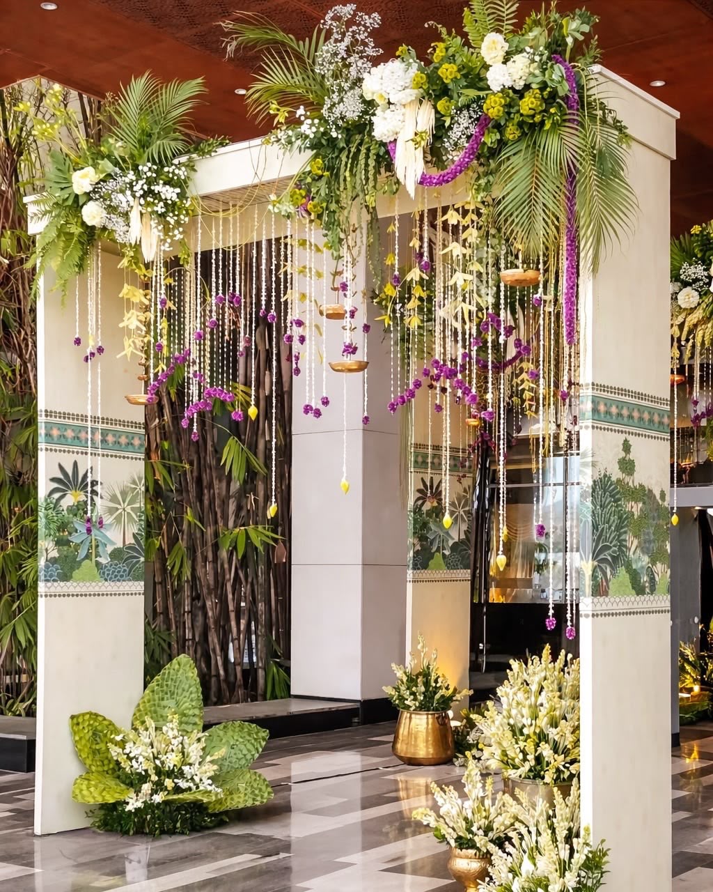 Home puja room decoration with fresh lotus flowers, marigolds, and brass pooja accessories
