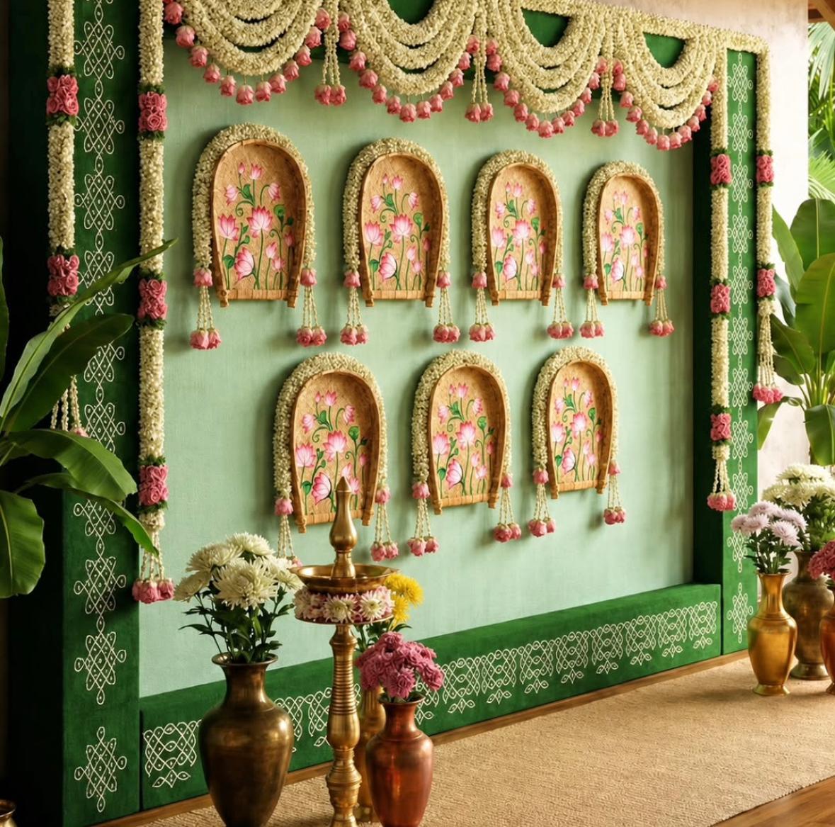 Intimate indoor festival setup with brass bells, hanging jasmine, and floor rangoli art