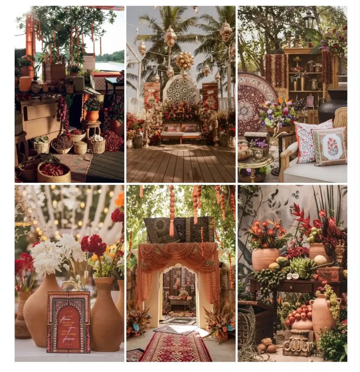 Rustic bohemian mehendi moodboard celebration details with terracotta pots, vintage carpets, and floral accents