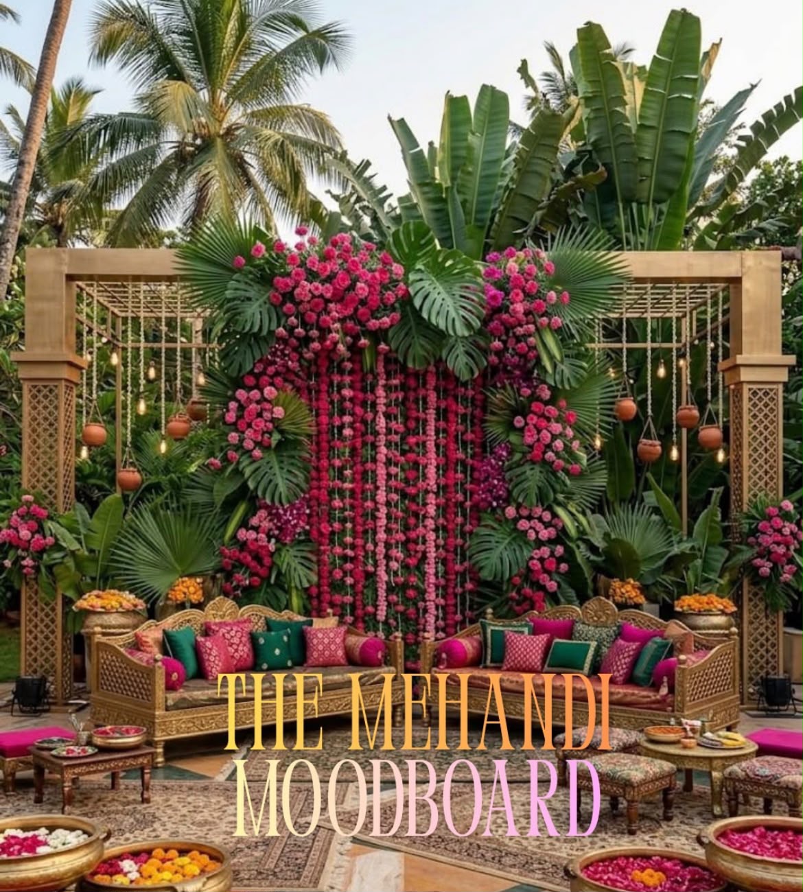 Tropical garden mehendi pergola with cascading pink rose waterfall, wooden settees, and floating floral urlis