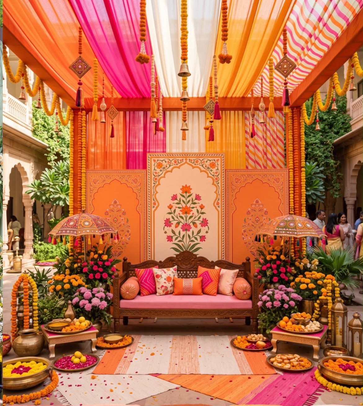 Courtyard mehendi pavilion with colorful draped ceiling, handcrafted Rajasthani umbrellas, and floor cushion seating