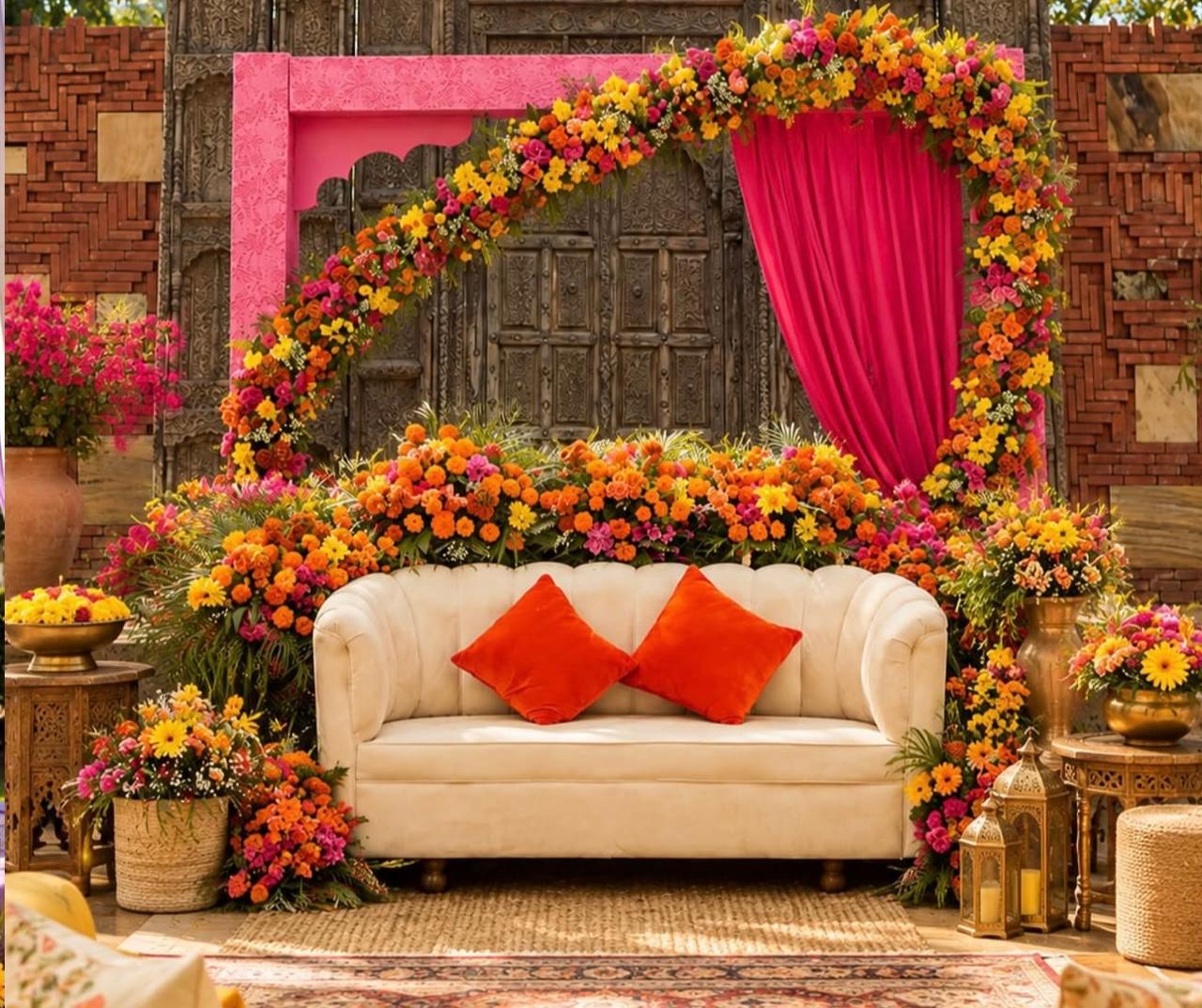 Exotic courtyard mehendi stage with floral garland arch, vintage wooden doors, and plush cream sofa seating