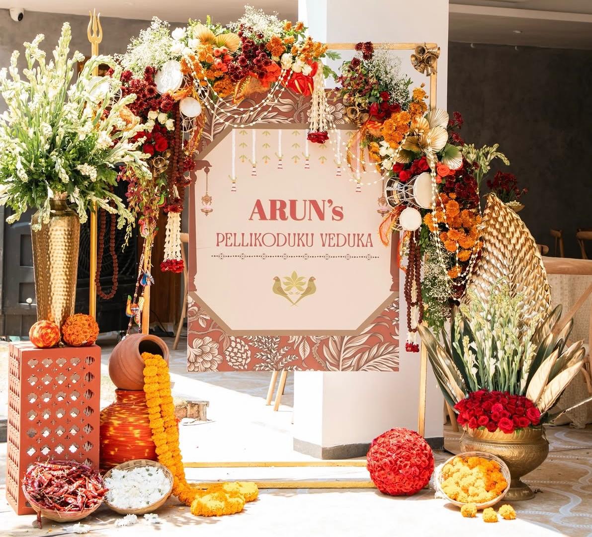 Auspicious marigold and jasmine installations for pellikoduku rituals