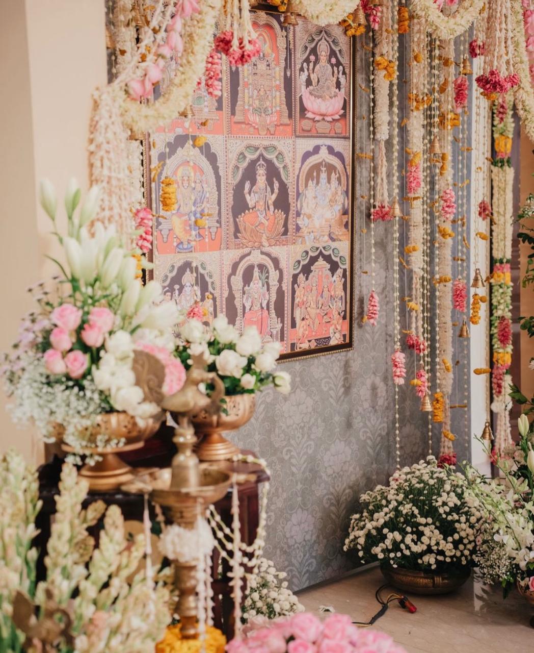 Sacred traditional pooja deity backdrop framing for pellikuthuru ceremony