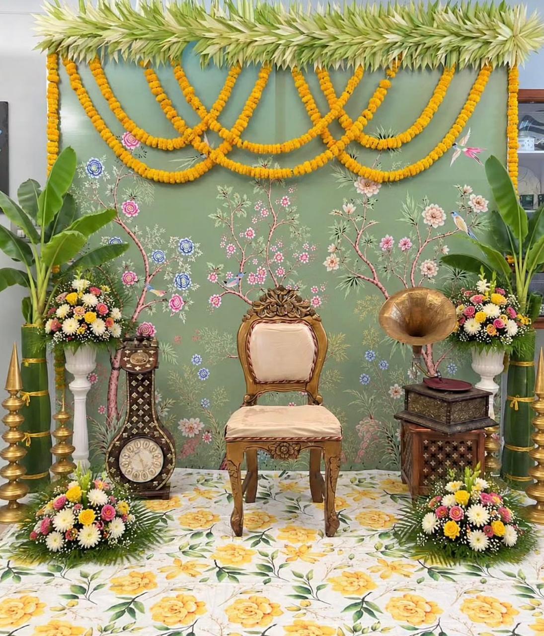Radiant ceremonial decor with banana trees, fresh blooms, and heritage accents