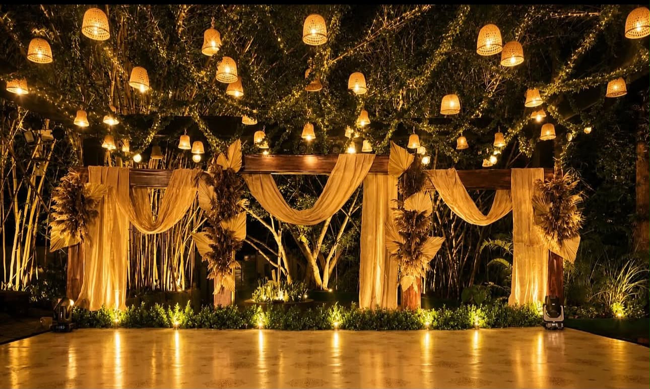 Opulent cocktail and sangeeth lounge setup with cascading crystal hangings