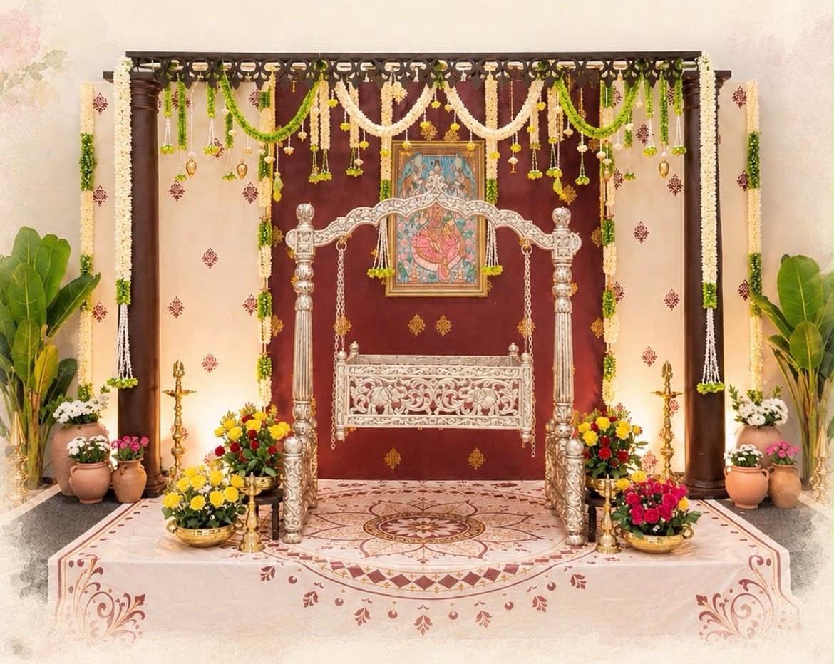 South Indian festive gathering setup with traditional wooden seating and floral backdrops
