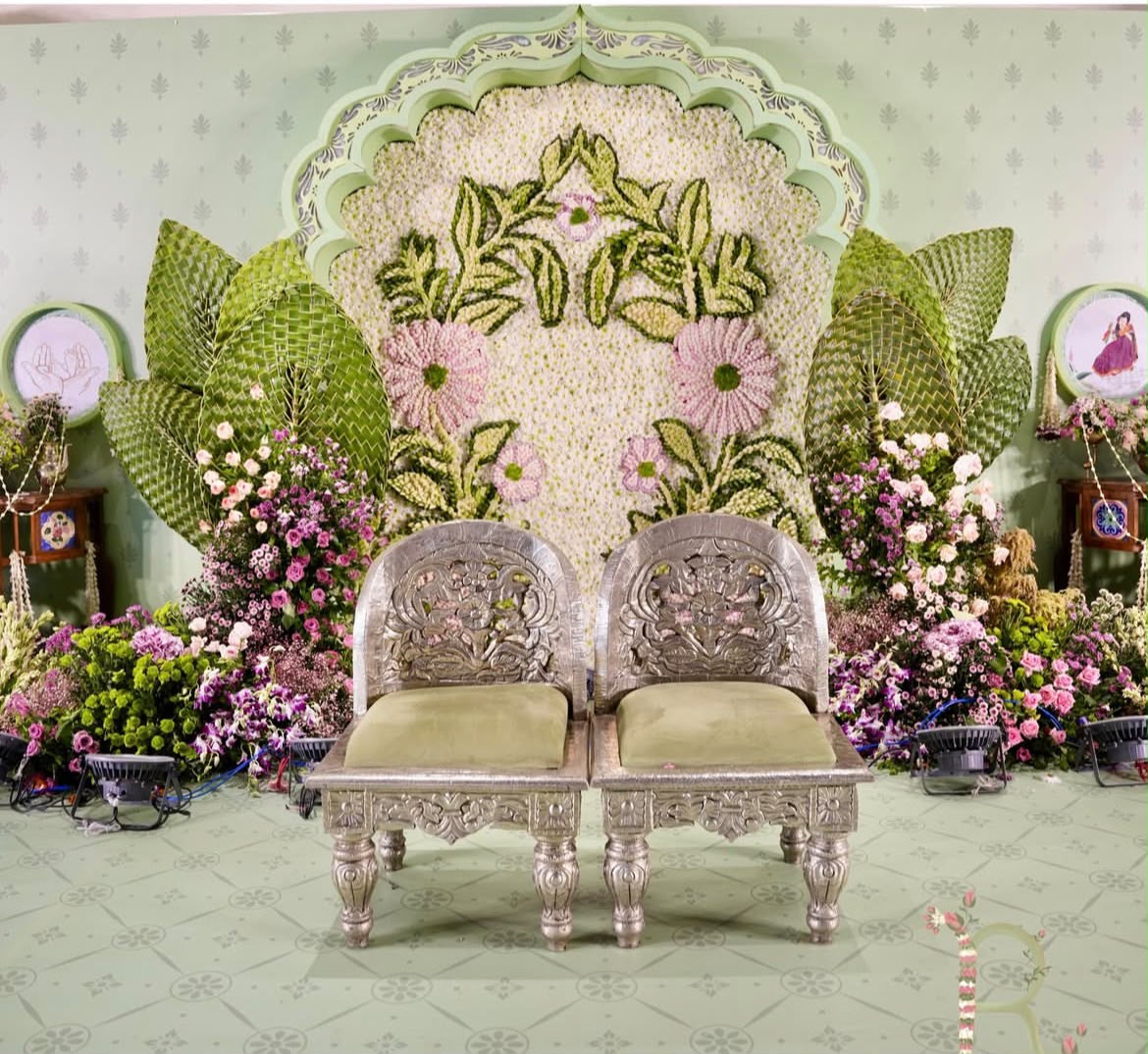 Sacred traditional ceremony decor with auspicious kumkum, turmeric accents, and fresh flora