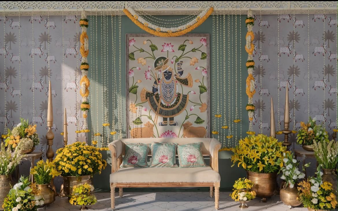 Auspicious traditional celebration stage with tiered brass stands, temple arches, and lotus blooms
