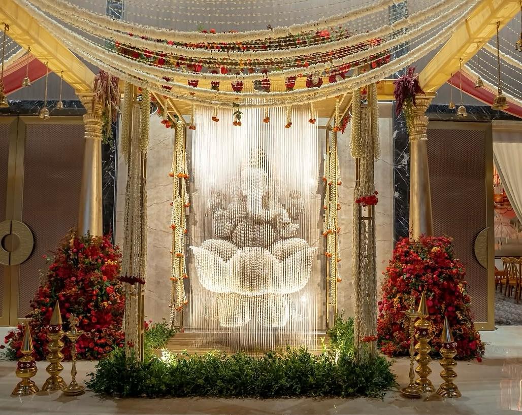 Grand temple architecture wedding mandap with multi-tiered carved shikhara