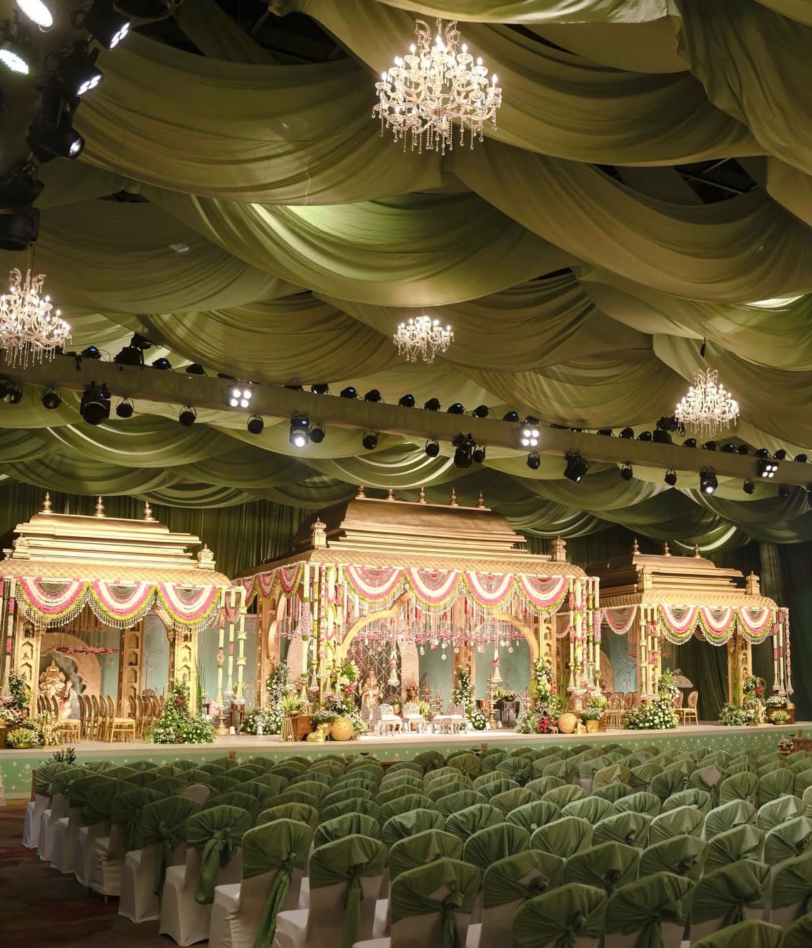Lavish wedding reception and ceremony mandap with imported exotic floristry